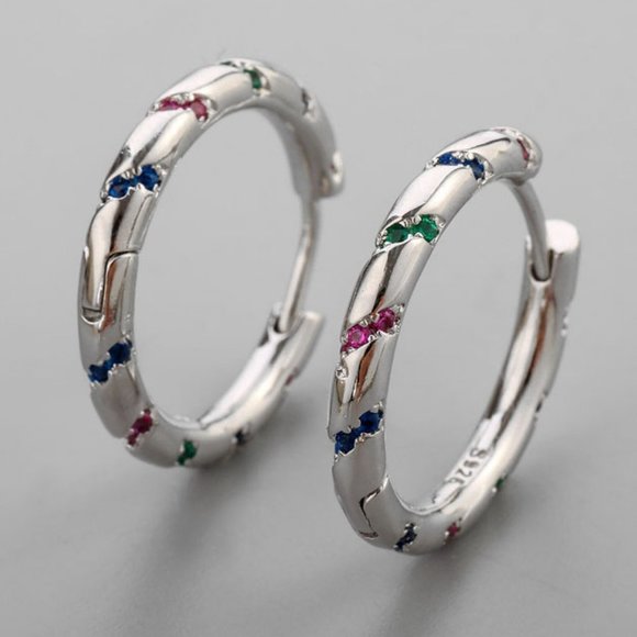 Jewelry - #NEW 925 Sterling Silver Colorful Diamond Round Hoop Earrings